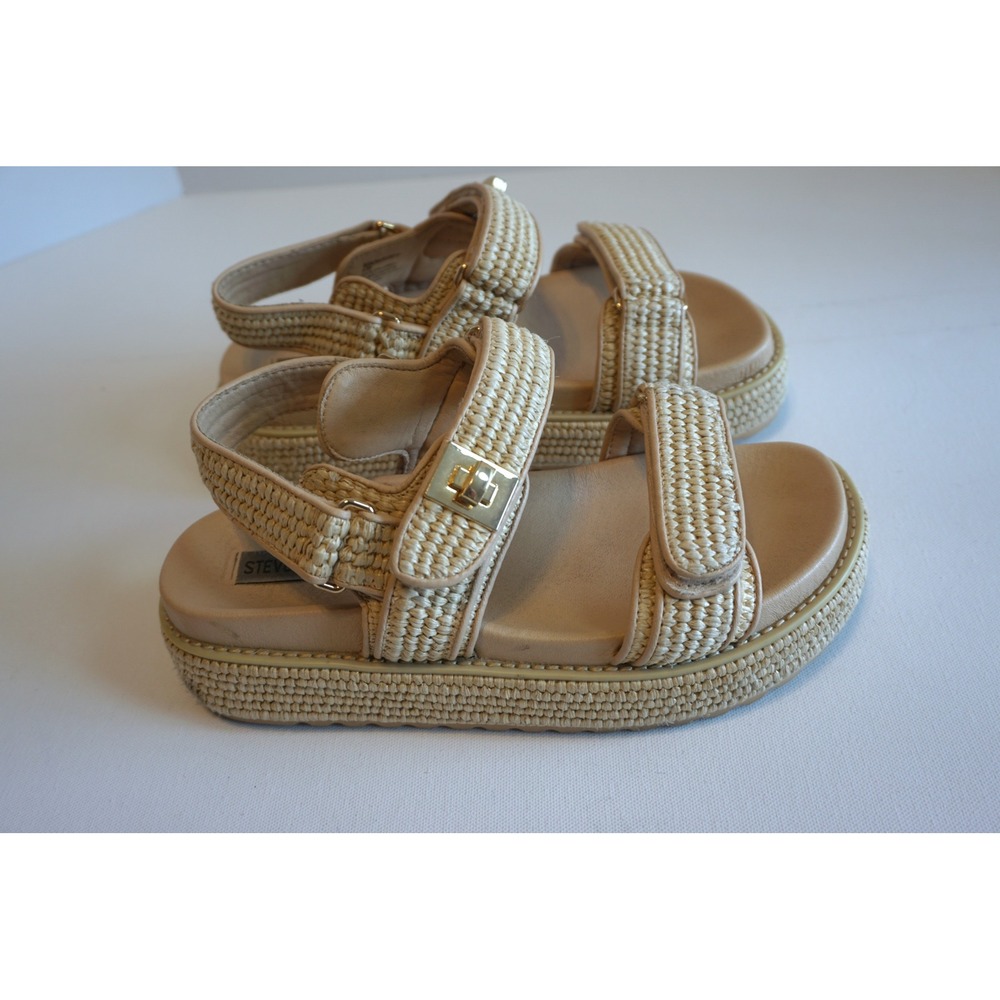 Steve Madden Bigmona Tan Raffia Platform Sandals Gold Hardware Womens 8.5M